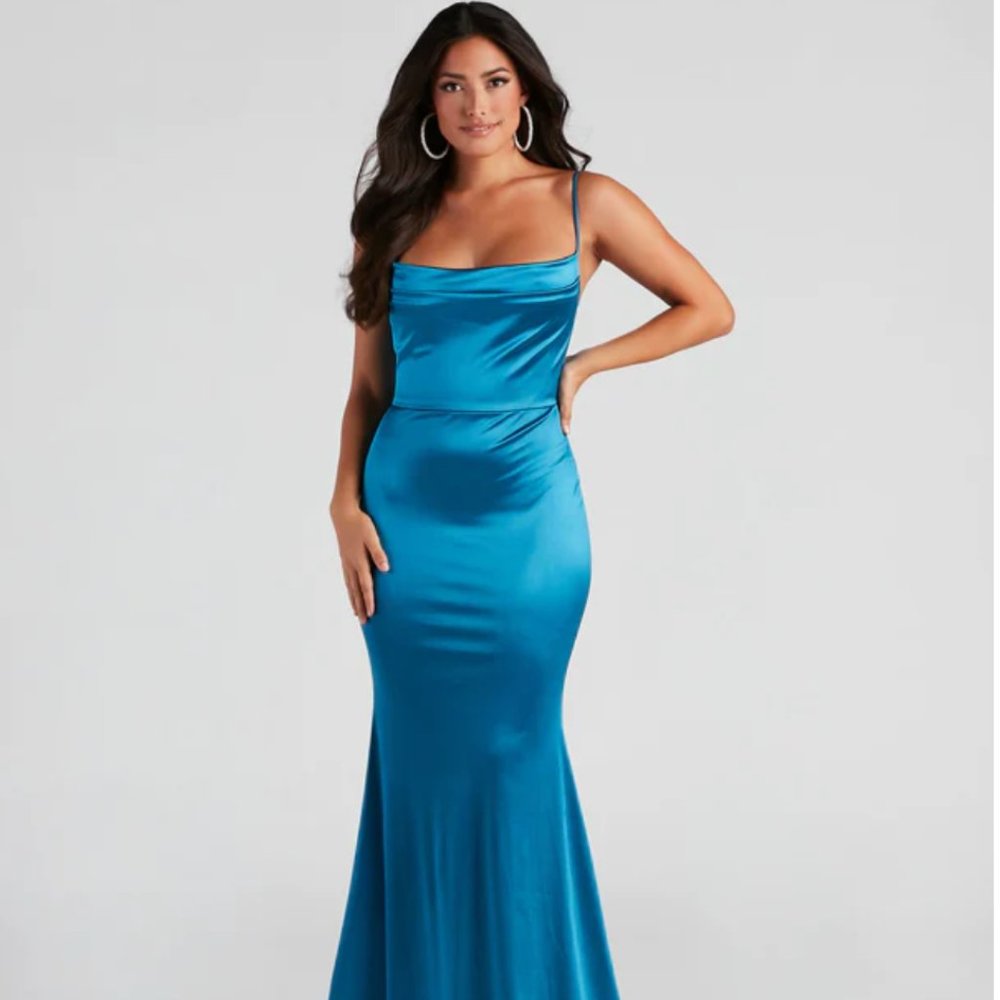 Windsor Nahla Formal Satin Mermaid Dress, Teal, Size Small